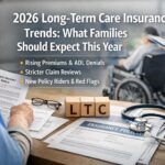 2026 long-term care insurance trends showing premium increase notice, policy documents, and a professional healthcare setting