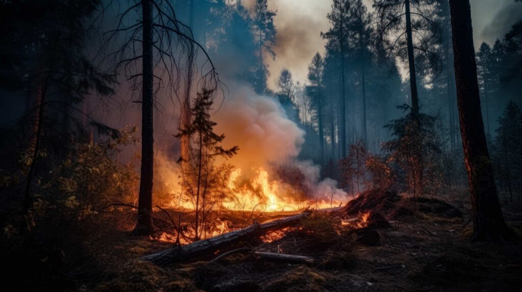 Active forest wildfire spreading through trees in California, illustrating why homeowners ask, “Do I need a lawyer for a wildfire insurance claim?” after catastrophic fire damage.