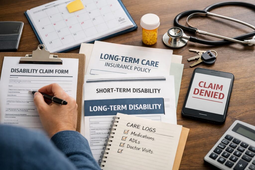 Caregiver organizing disability and long-term care insurance documents, including STD and LTD claim forms, medical records, and care logs on a desk