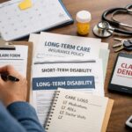 Caregiver organizing disability and long-term care insurance documents, including STD and LTD claim forms, medical records, and care logs on a desk
