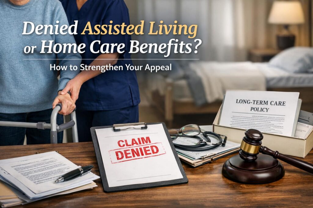 Caregiver assisting an elderly adult with a walker beside denied long-term care insurance documents and assisted living appeal paperwork