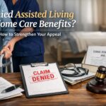 Caregiver assisting an elderly adult with a walker beside denied long-term care insurance documents and assisted living appeal paperwork