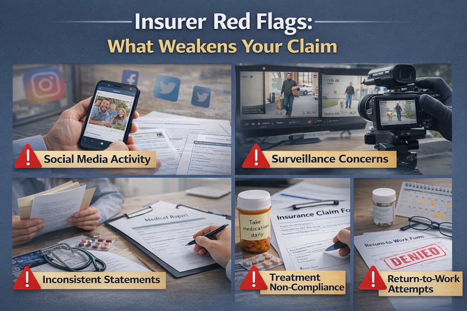 Insurer red flags that weaken long-term disability claims, including social media activity, surveillance, inconsistent records, and treatment non-compliance