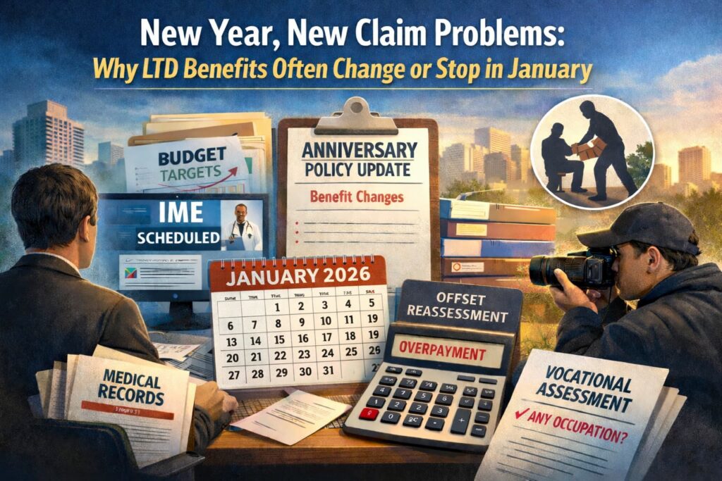 New Year long-term disability claim review illustration showing January calendar, insurance paperwork, medical records, and benefit reassessment documents