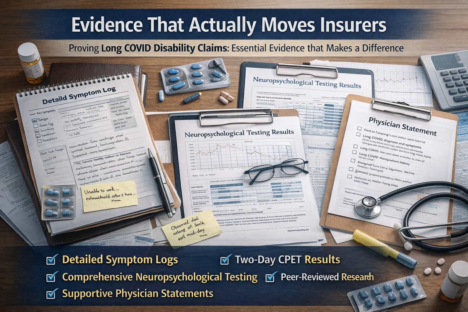 Evidence used to support Long COVID disability claims including symptom logs, physician statements, testing results, and research