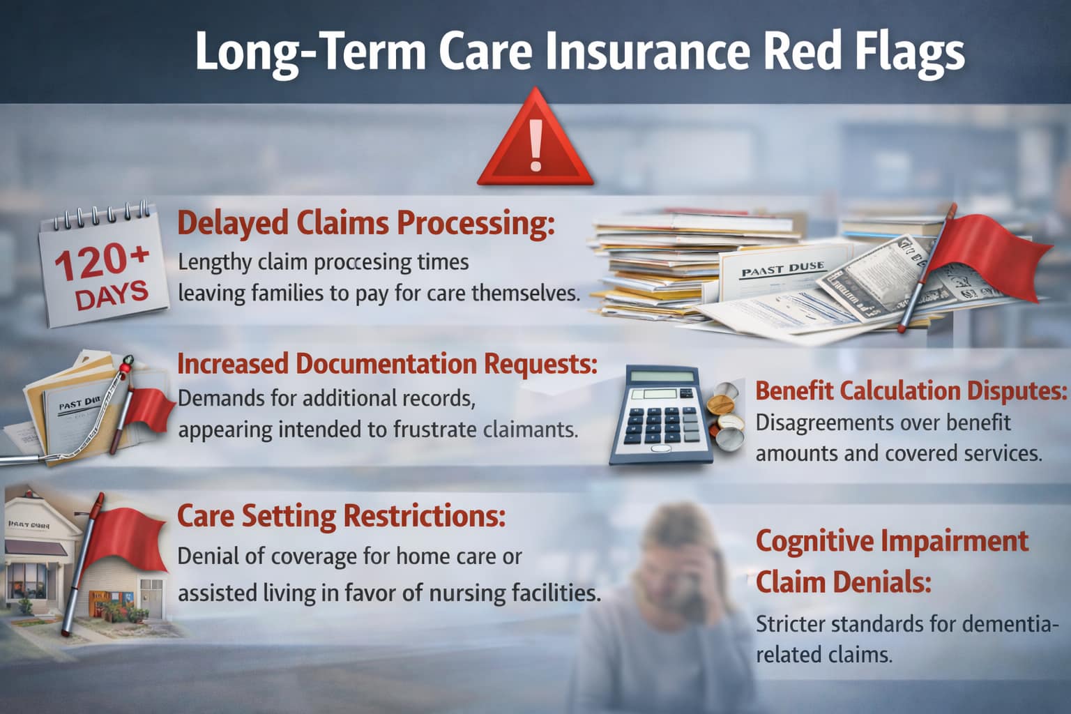 Early warning indicators for 2026 showing long-term care insurance red flags like delayed claims, documentation requests, and benefit disputes