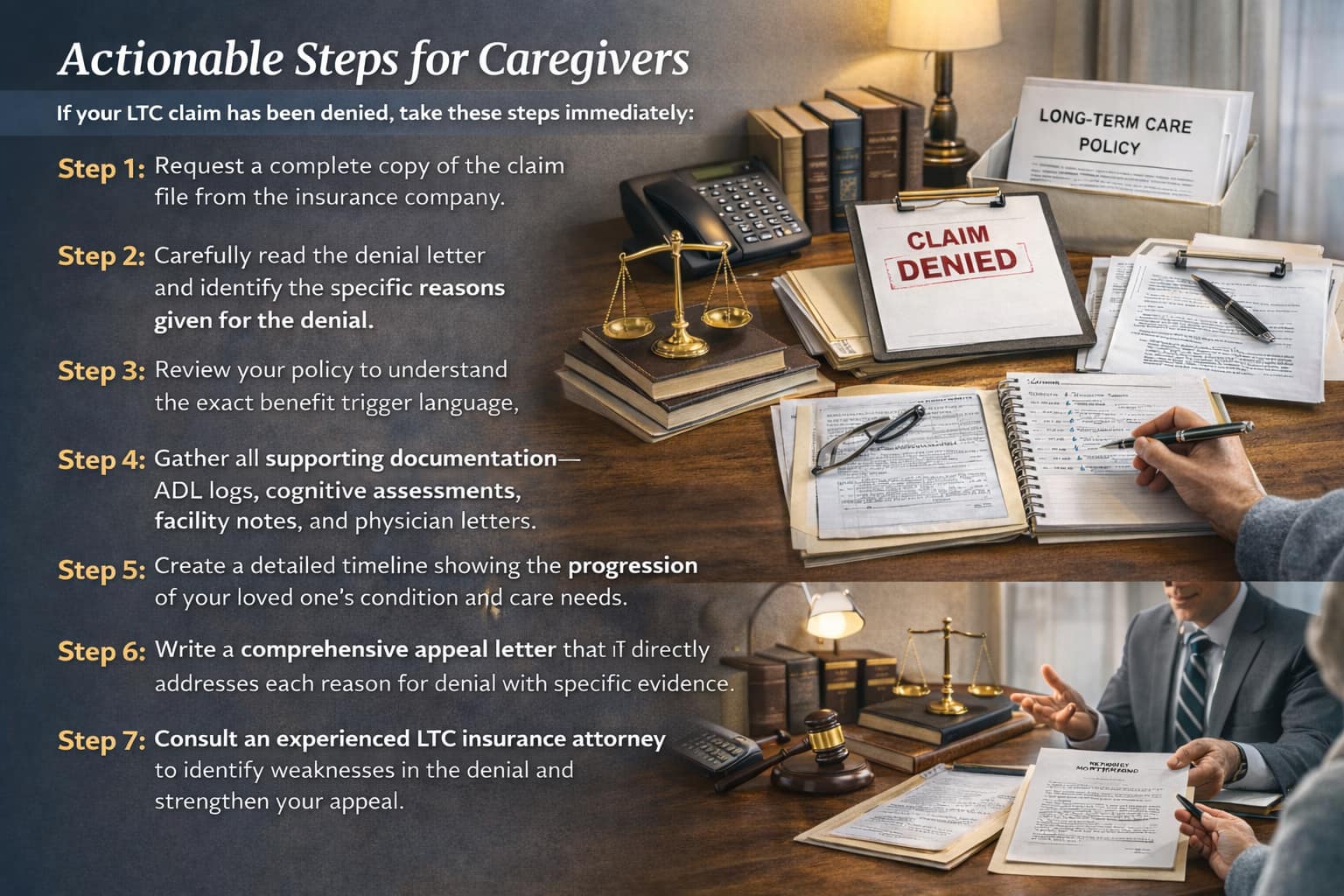 Actionable steps for caregivers after a long-term care insurance claim denial, showing appeal documents, policy review, and legal guidance