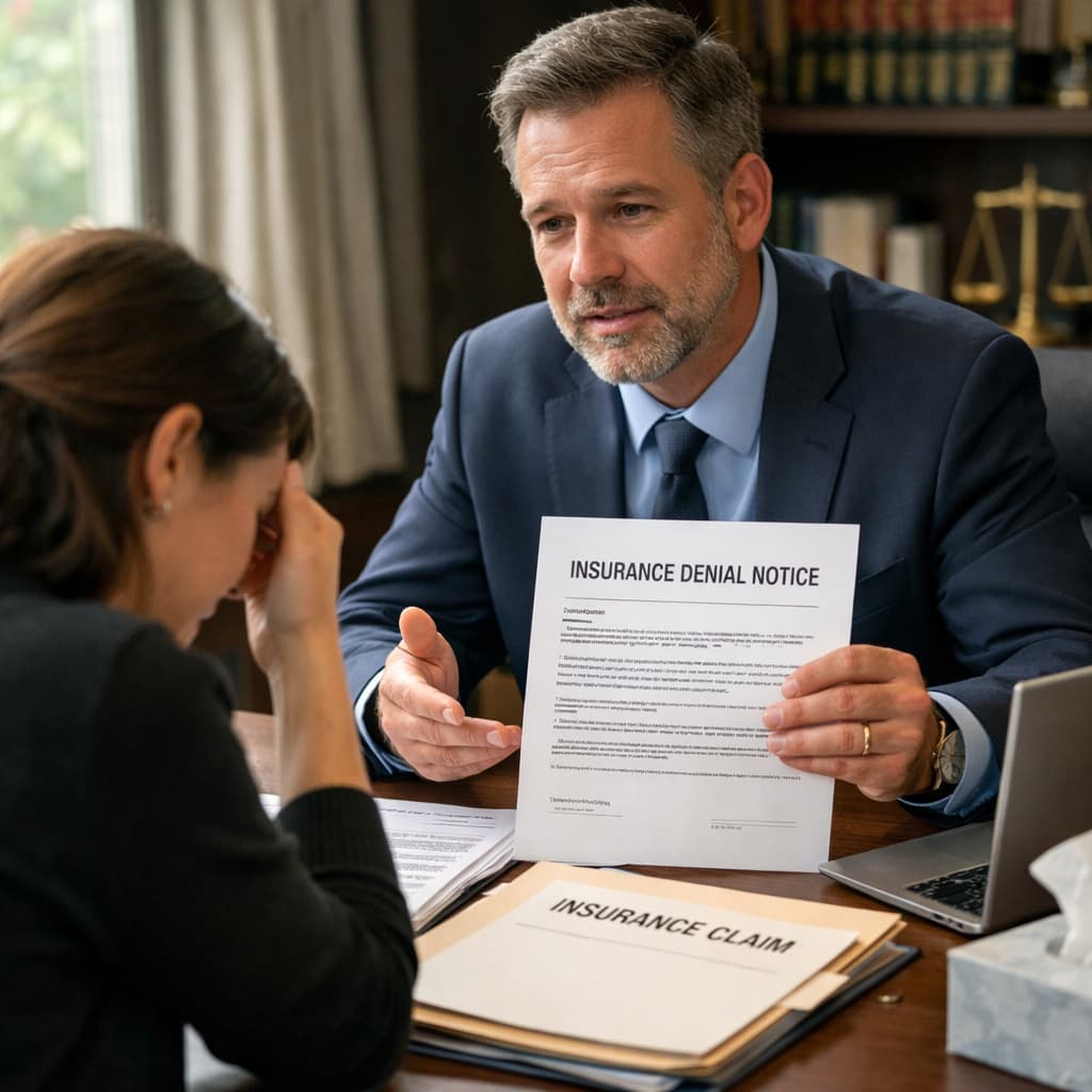 Accidental death insurance lawyer reviewing denied AD&D claim documents with a grieving family member during a legal consultation