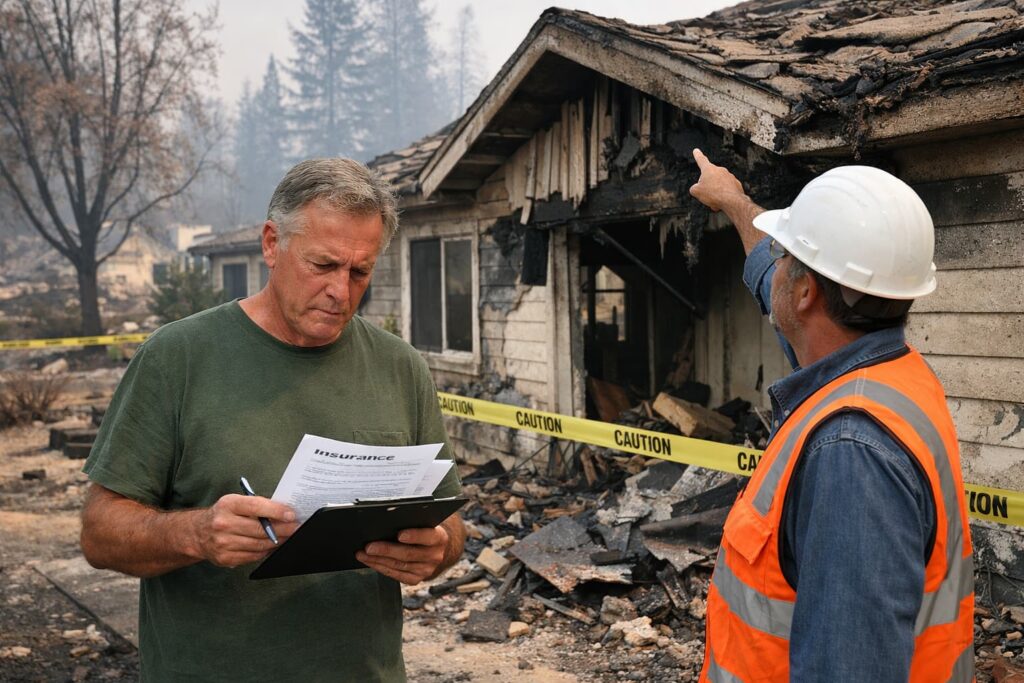 Homeowner reviewing insurance paperwork after wildfire damage while contractor inspects burned California home following denied insurance claim