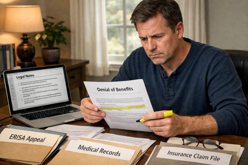 Person reviewing ERISA disability insurance denial letter while preparing an ERISA disability appeal with medical and legal documents