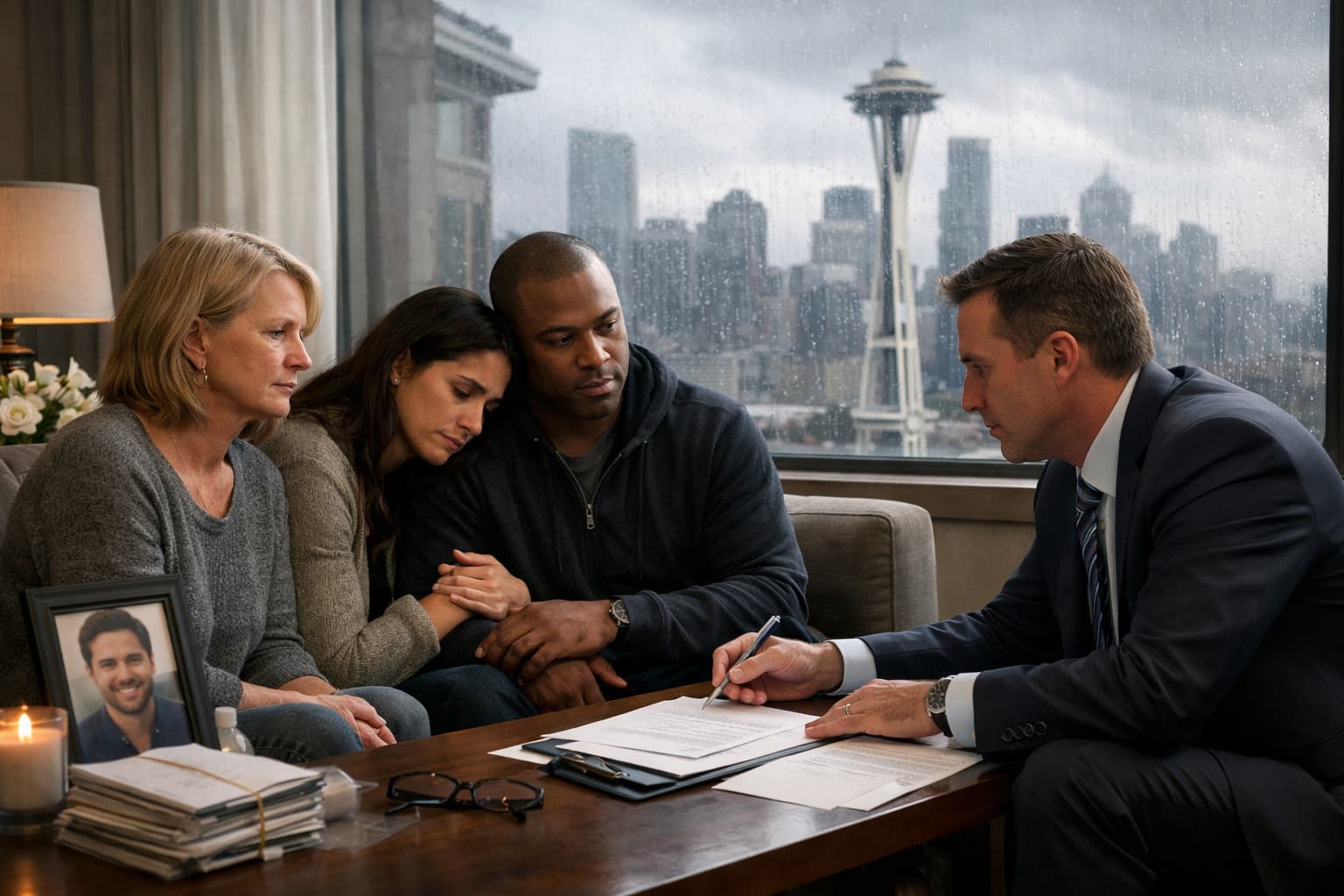 Family meeting with wrongful death lawyer during consultation, reviewing legal documents in Seattle with grieving relatives and memorial photo visible.