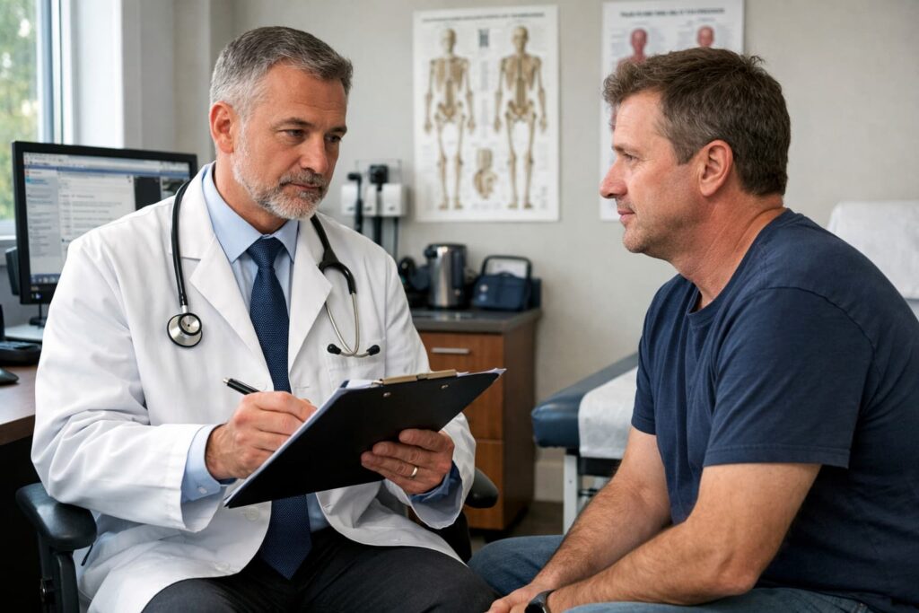 Patient undergoing an Independent Medical Examination with a doctor reviewing paperwork for a disability insurance claim evaluation.