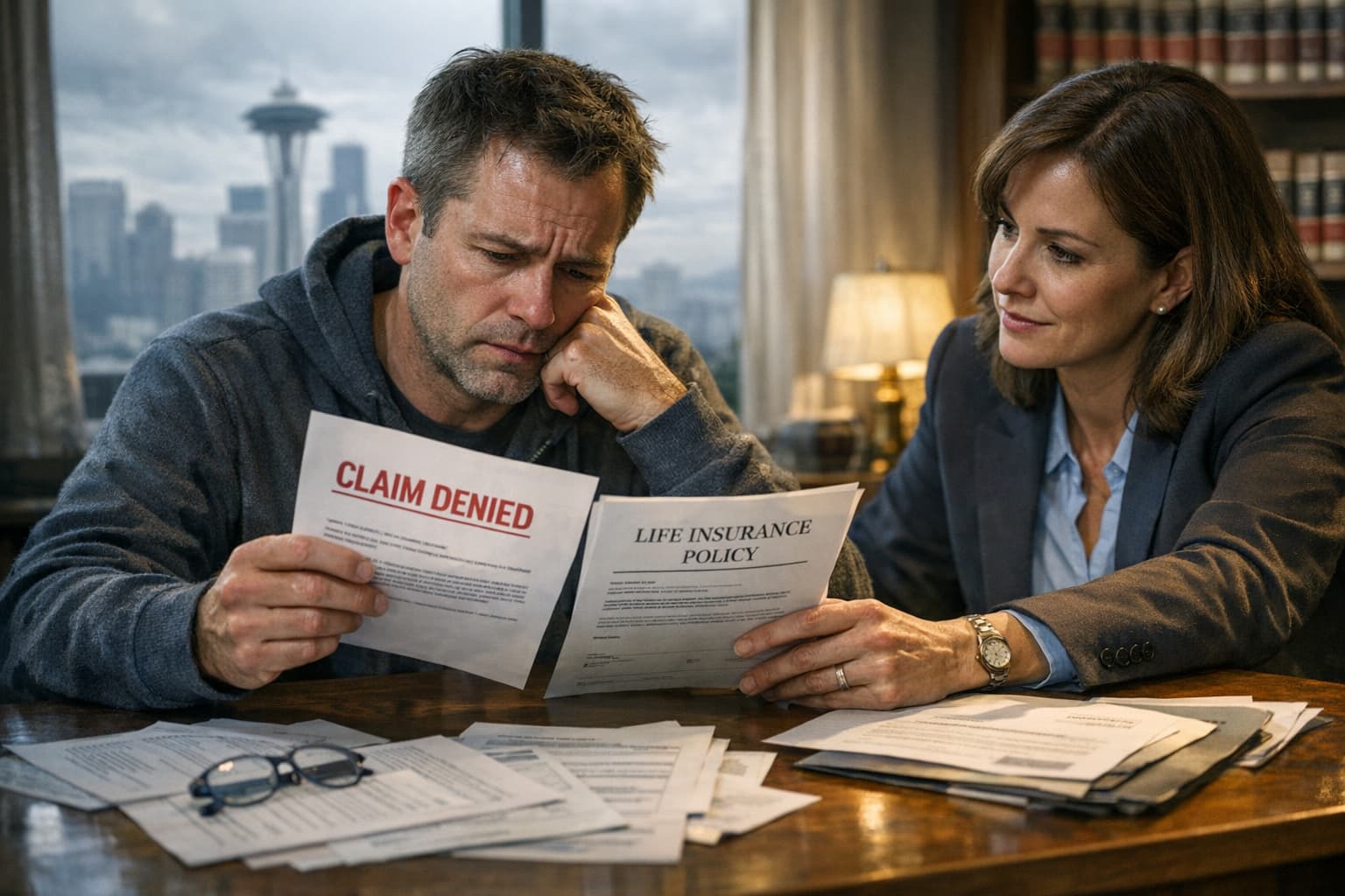 Couple reviewing denied life insurance claim documents with attorney assistance, showing claim denied notice and policy paperwork in Seattle office.
