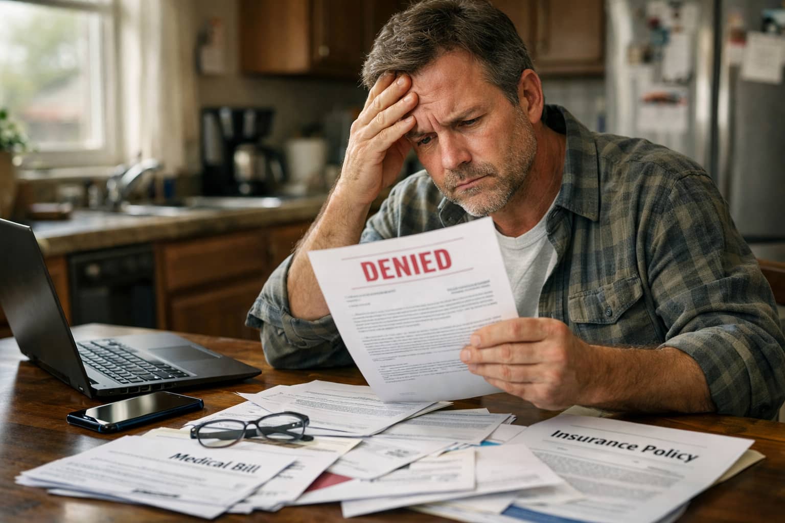 Spokane policyholder reviewing insurance claim denial letter after bad faith insurance company decision