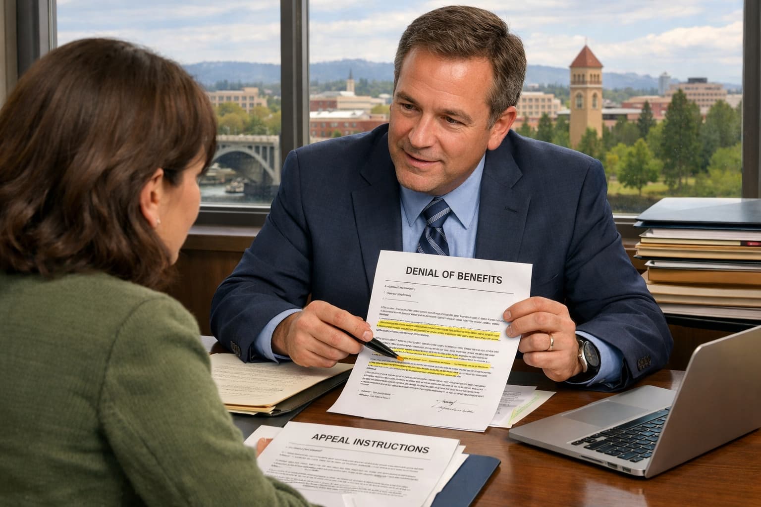 Spokane ERISA attorney reviewing denied disability benefits claim with client during legal consultation