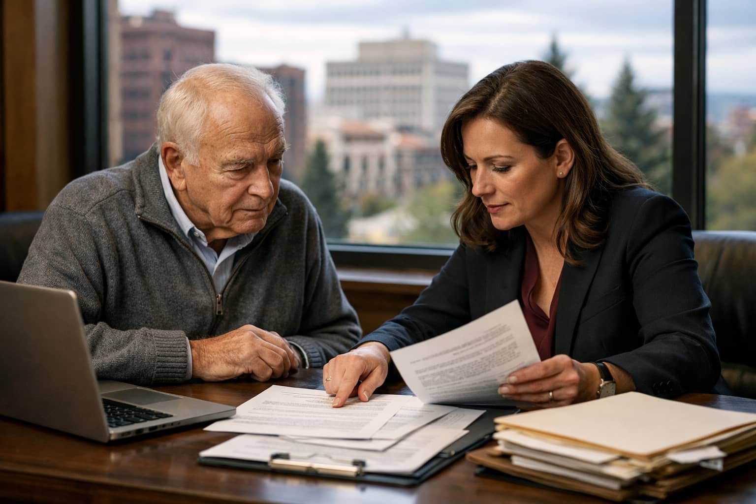 Spokane long-term care insurance lawyer reviewing denied LTC claim with elderly client in Washington law office
