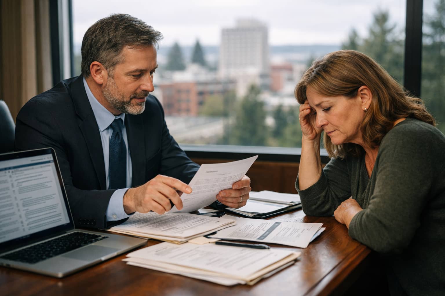 Spokane long-term disability attorney reviewing medical records and insurance denial with client