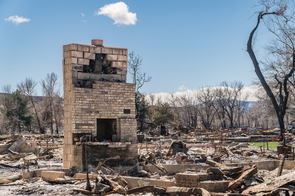 Brick fireplace and stands amidst the burned remains of a wildfire